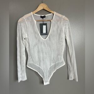 Pretty Little Thing white sheer fishnet plunge long sleeve bodysuit sexy club
